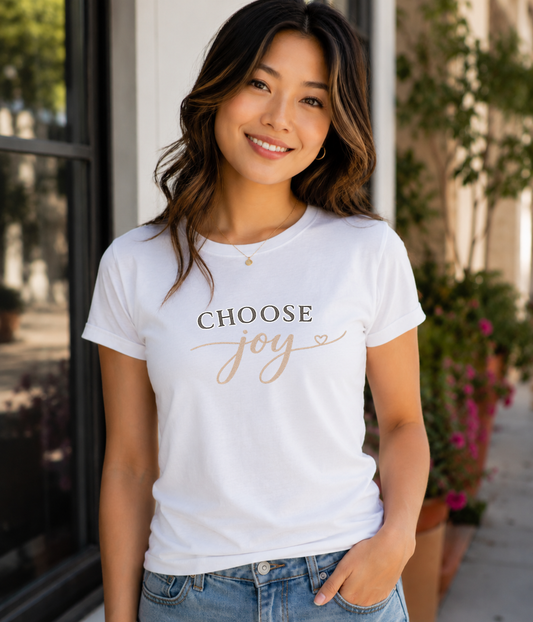Choose Joy minimalist inspirational graphic tee with elegant boutique typography on women’s casual graphic t-shirt