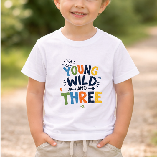 Young Wild and Three Birthday Shirt for Boys | Blue Third Birthday Tee