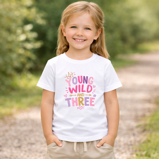 Young Wild and Three Birthday Shirt for Girls | Pink Third Birthday Tee