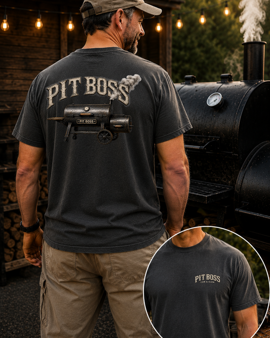 Pit Boss BBQ Shirt, Smoker Graphic Tee, Low and Slow Tshirt, Backyard BBQ Shirt, Grill Master Tee, Vintage Washed BBQ Tee