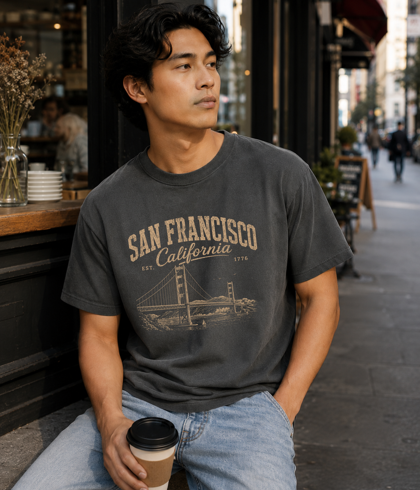 Man wearing a vintage washed charcoal San Francisco California graphic t-shirt featuring the Golden Gate Bridge while sitting outside a city coffee shop.