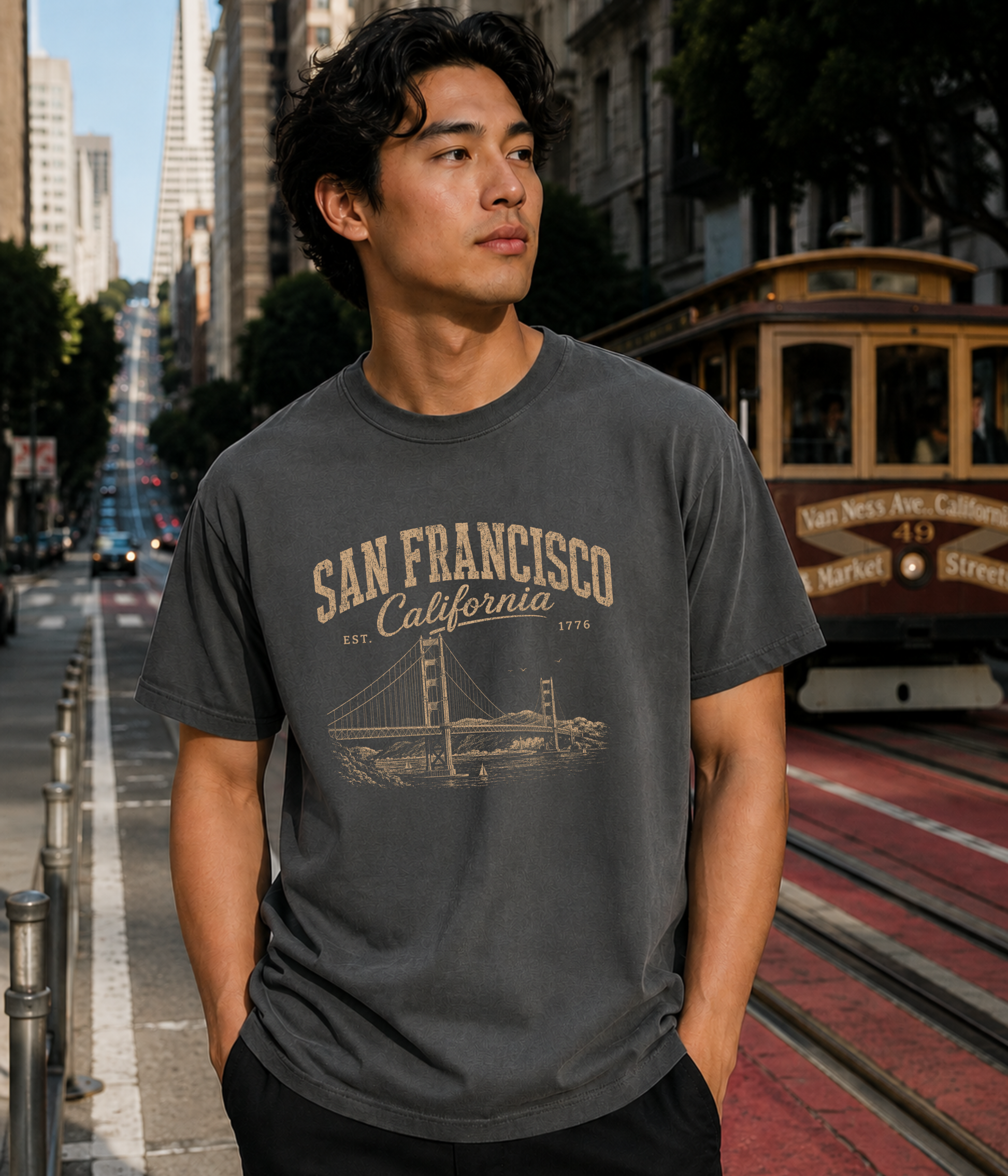 Model wearing a vintage washed charcoal San Francisco California graphic t-shirt featuring the Golden Gate Bridge with a San Francisco cable car in the background.
