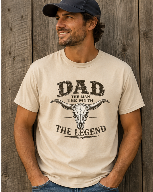 Vintage western dad graphic tee with distressed longhorn skull design on ivory shirt