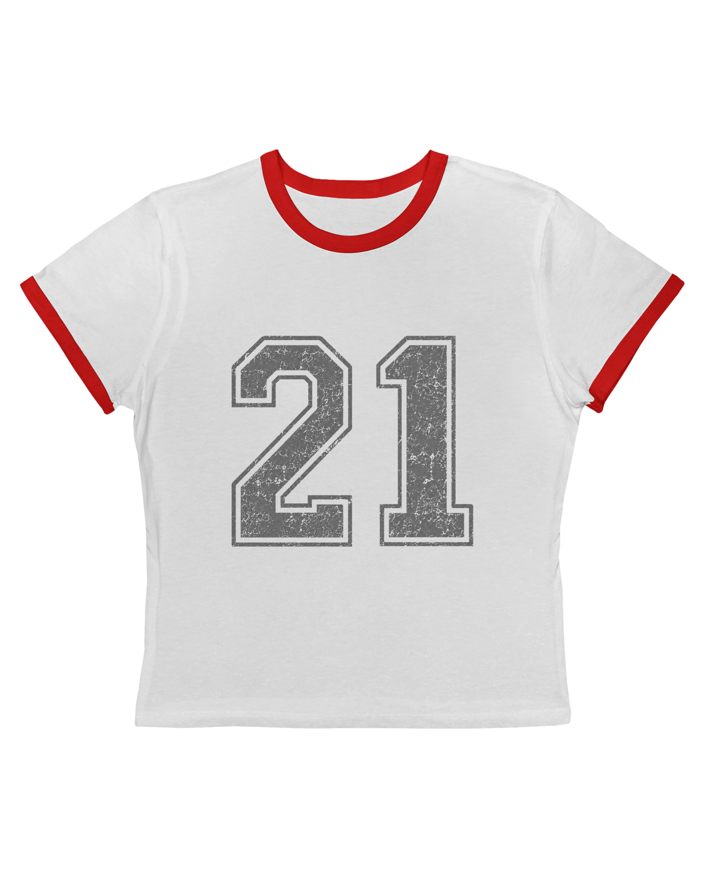 White t-shirt with red ringer sleeves and gray '21' print on a white background