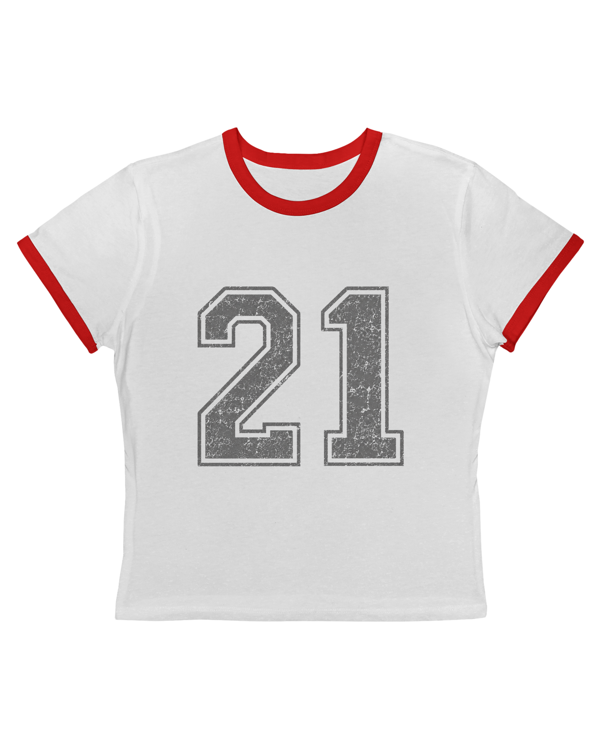 White t-shirt with red ringer sleeves and gray '21' print on a white background