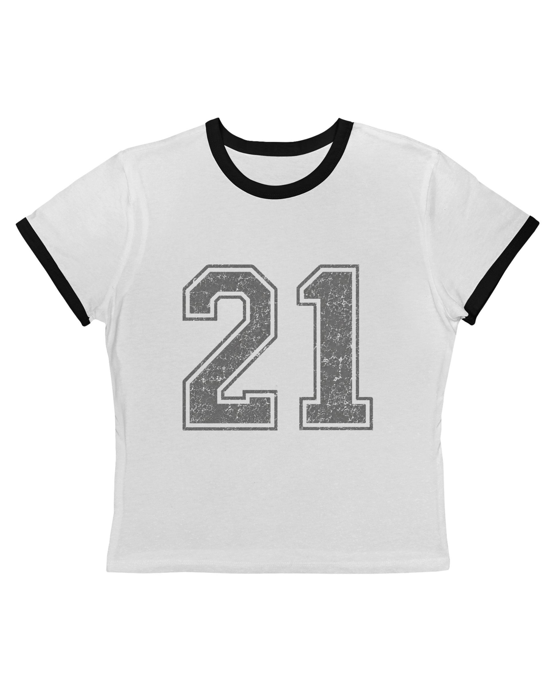 White t-shirt with black ringer sleeves and '21' printed on a white background