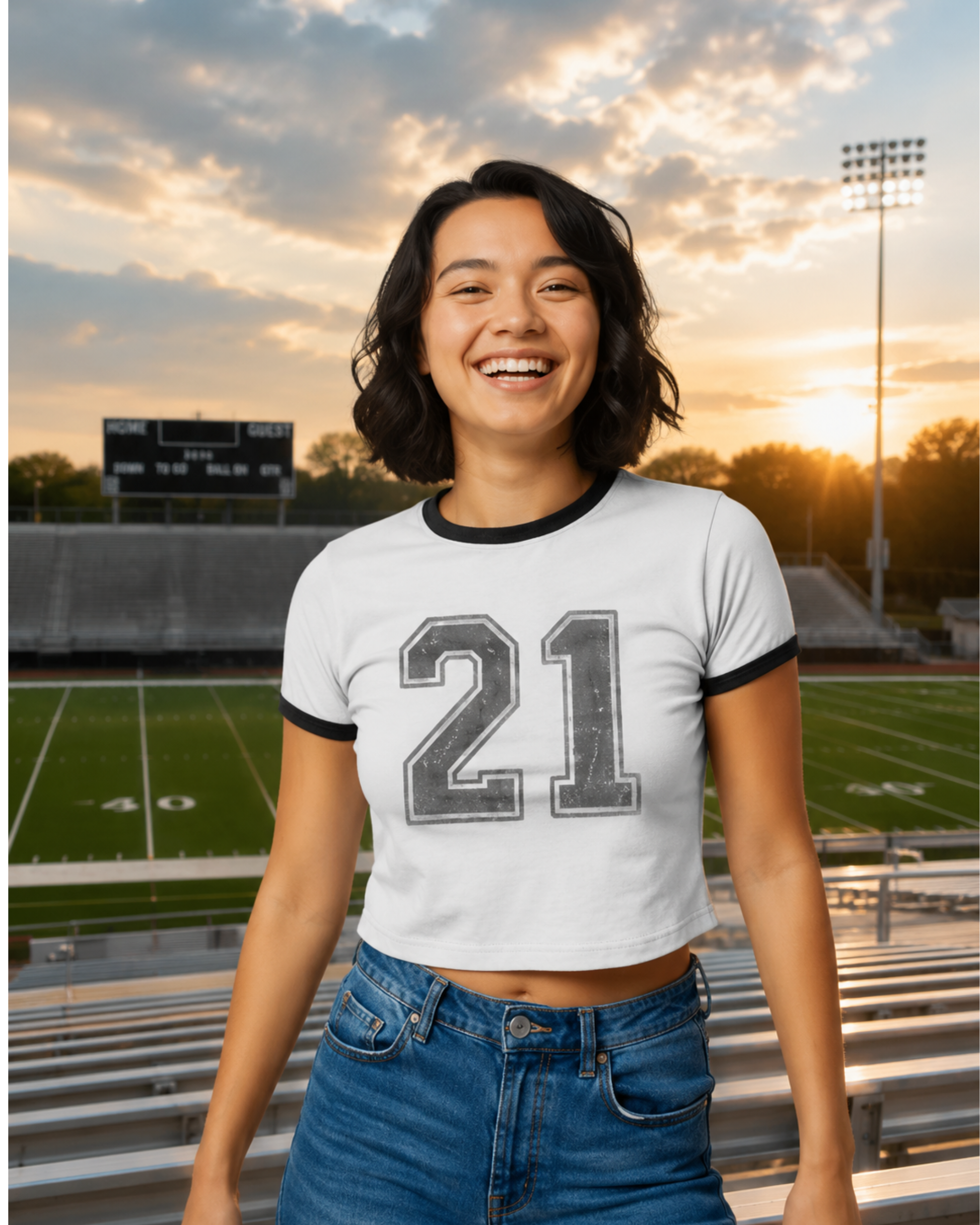 Woman wearing vintage varsity 21 ringer baby tee outdoors