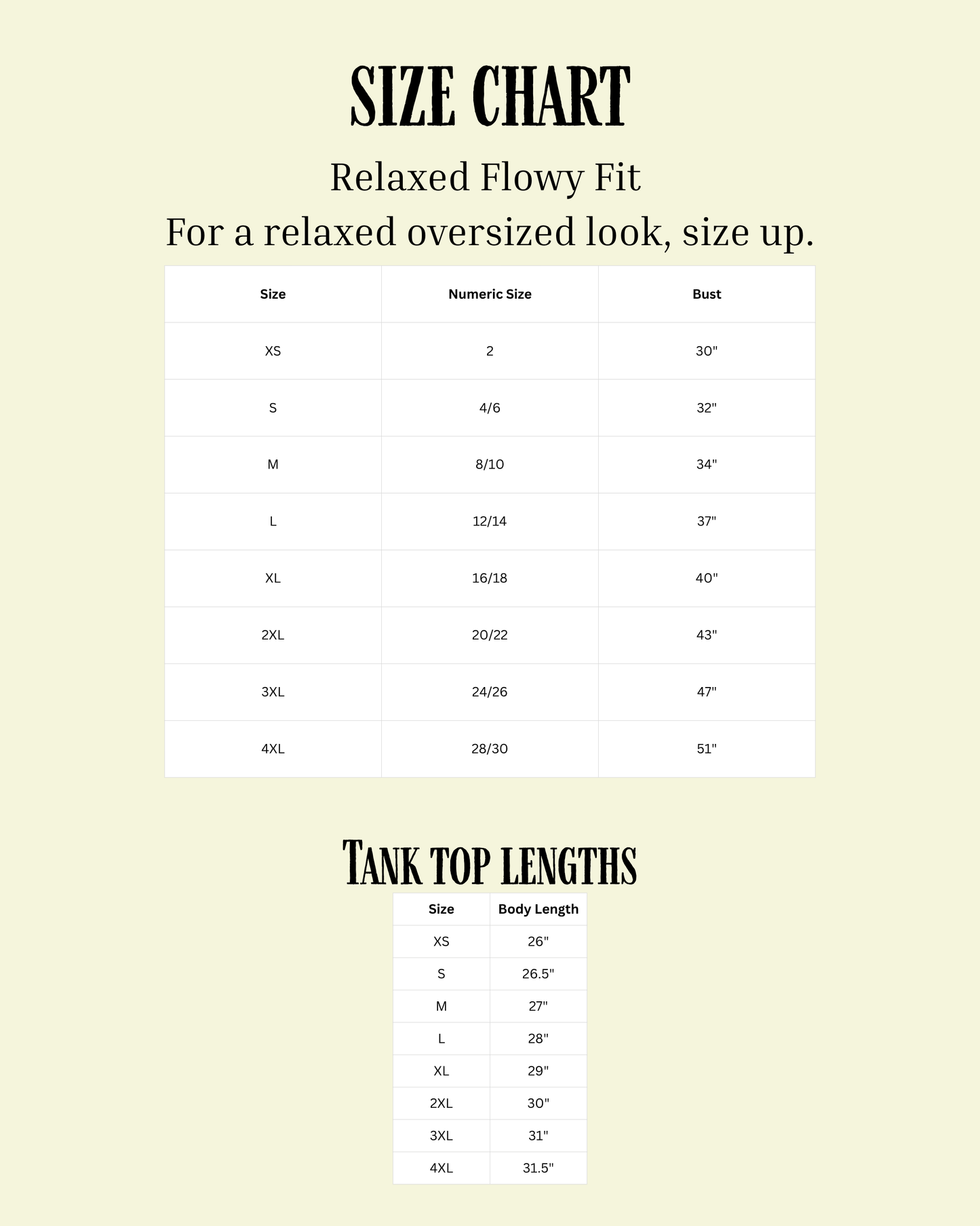 Size chart for tank tops with relaxed flowy fit on a beige background
