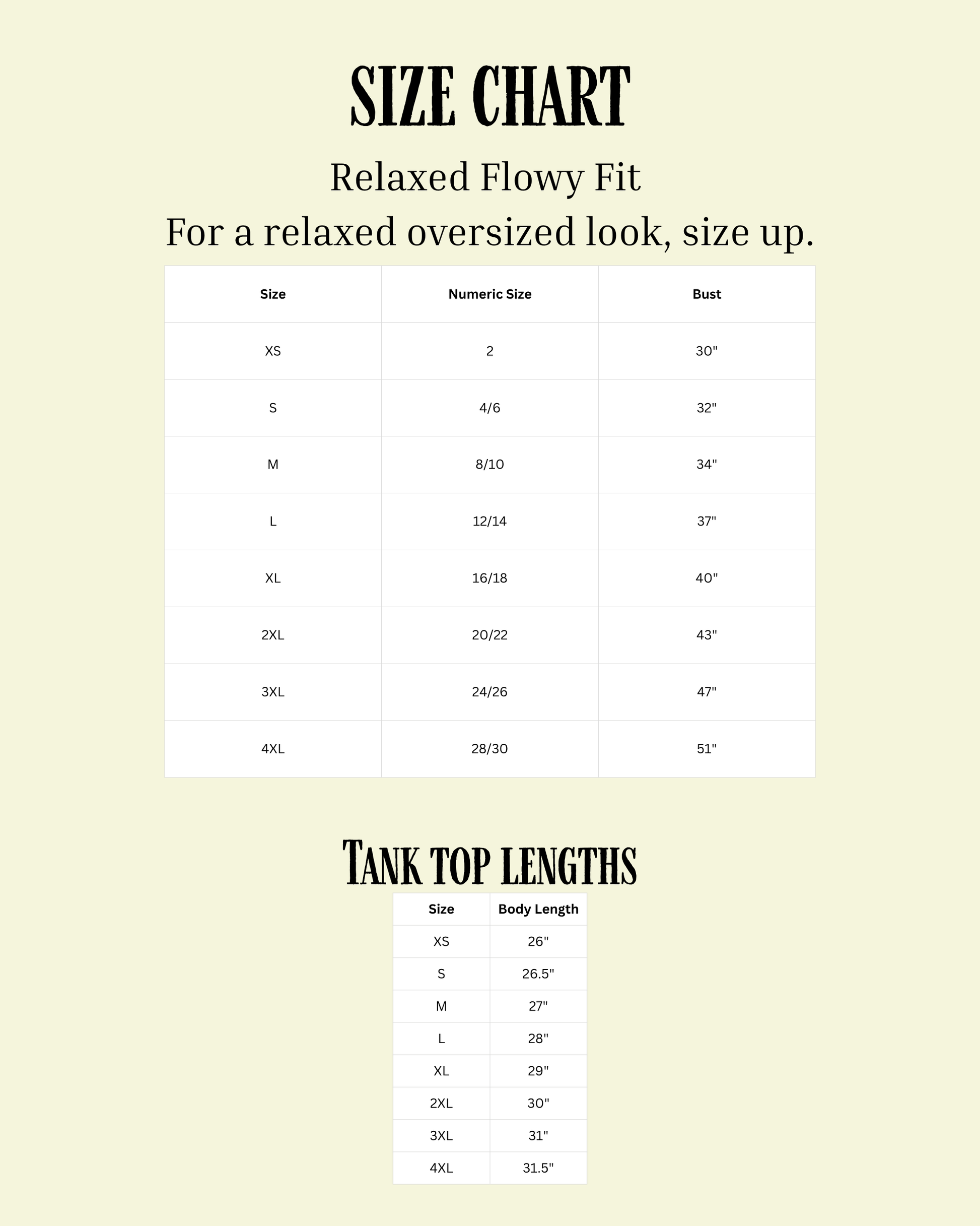 Size chart for tank tops with relaxed flowy fit on a beige background