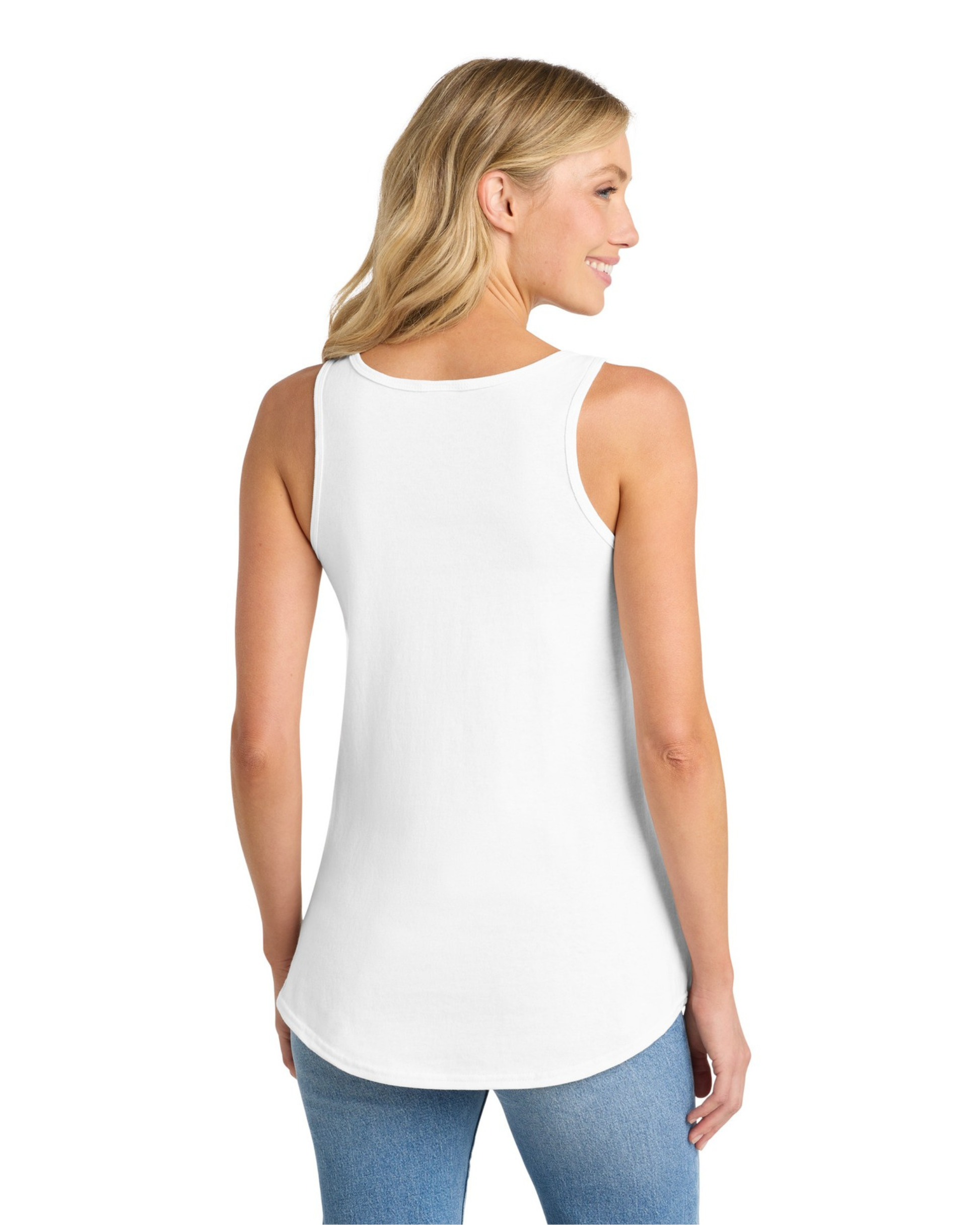 Woman wearing a white sleeveless top and blue jeans on a white background