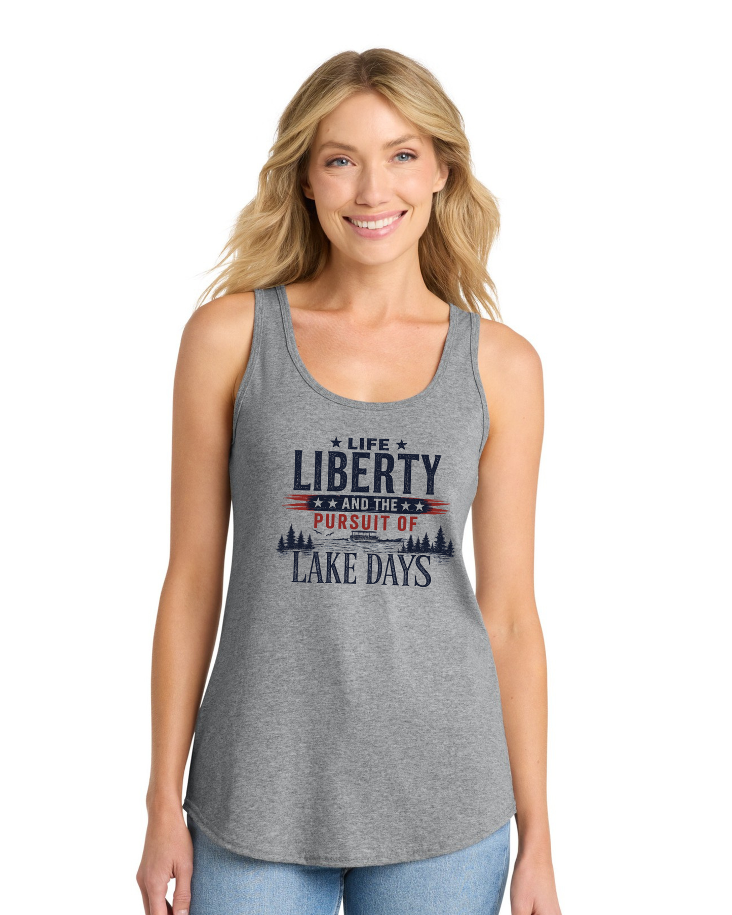 Woman wearing a gray tank top with 'Life Liberty and the Pursuit of Lake Days' text.