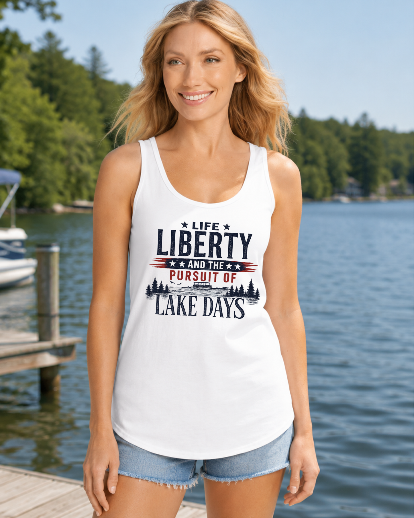 Woman wearing patriotic Lake Days graphic tank at the lake