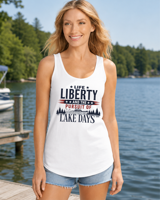 Woman wearing patriotic Lake Days graphic tank at the lake