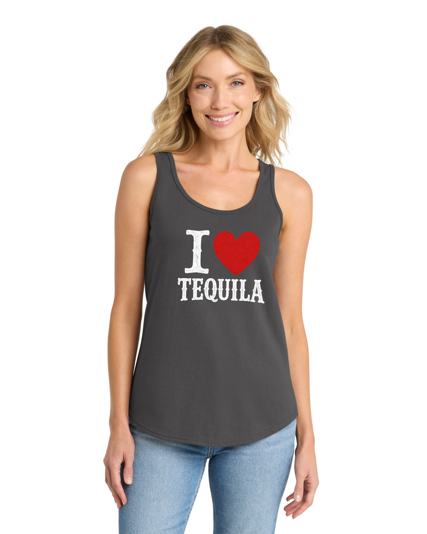Charcoal racerback summer tank with I Heart Tequila design