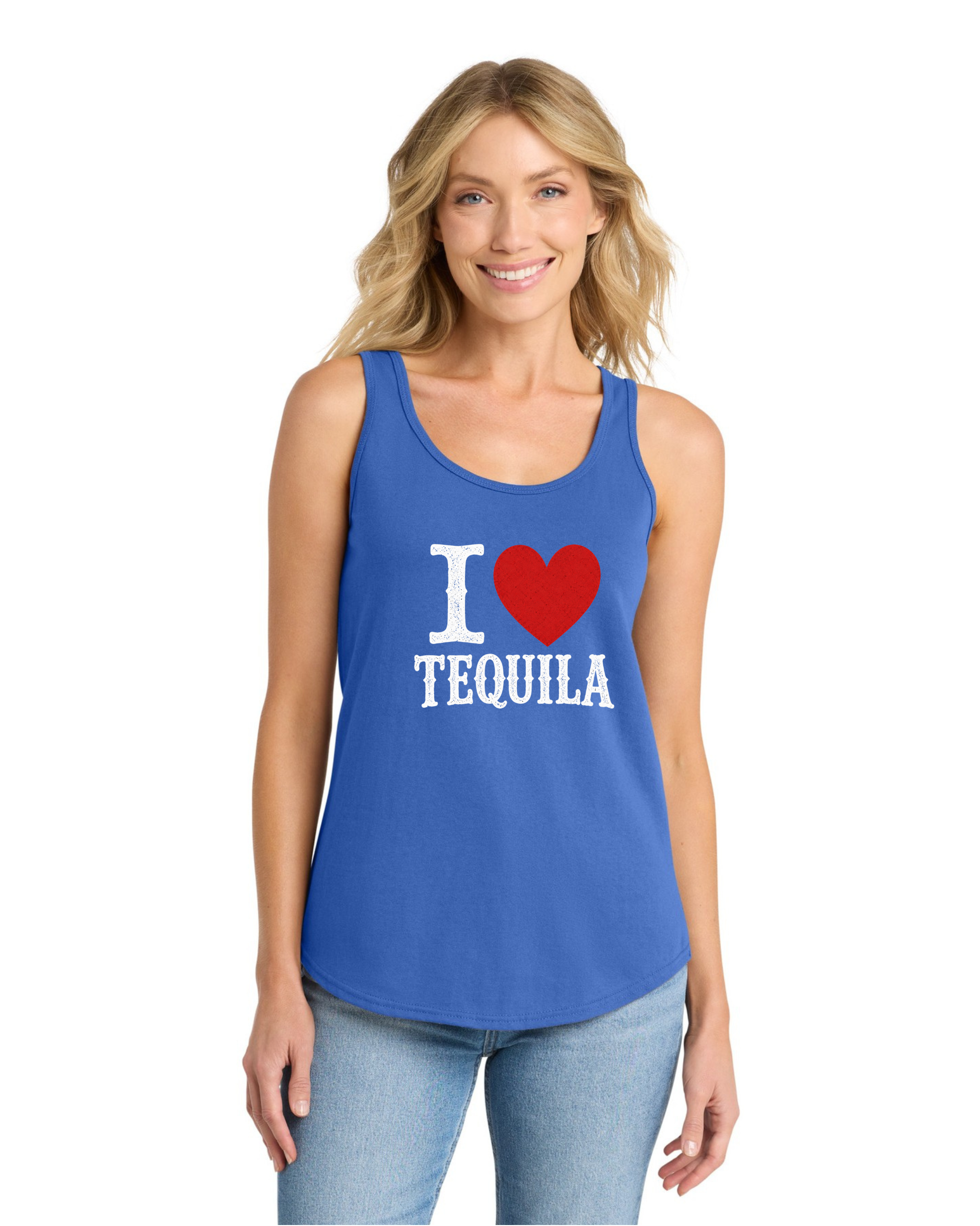 Royal blue racerback summer tank with I Heart Tequila design