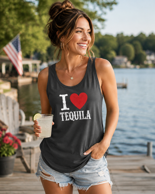 Woman wearing I Heart Tequila tank top at the lake