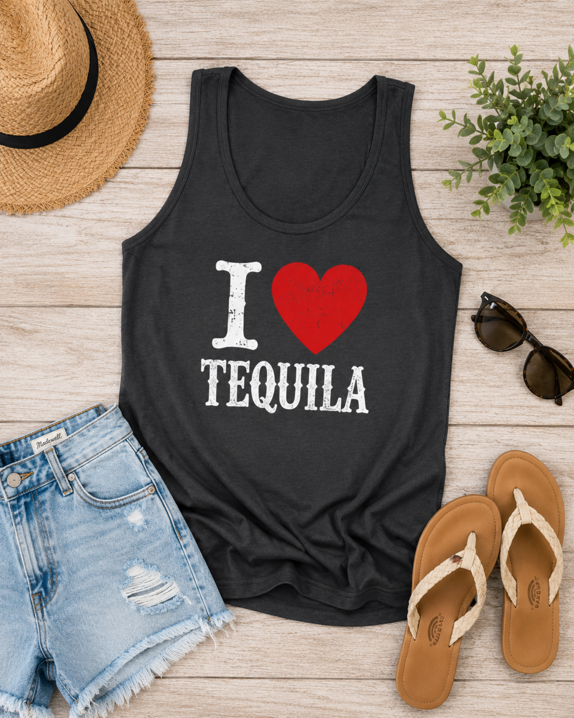 Flat lay mockup of tequila graphic tank with denim shorts
