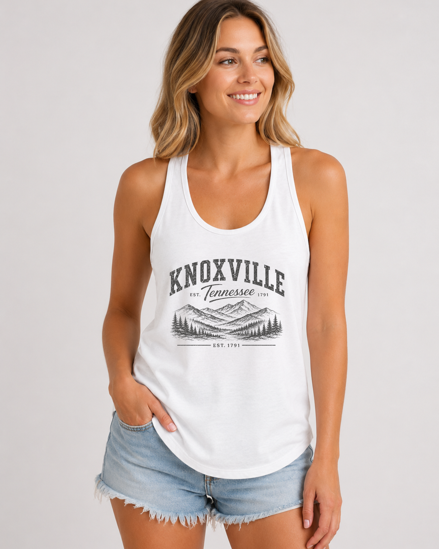 Woman wearing Knoxville Tennessee racerback tank top