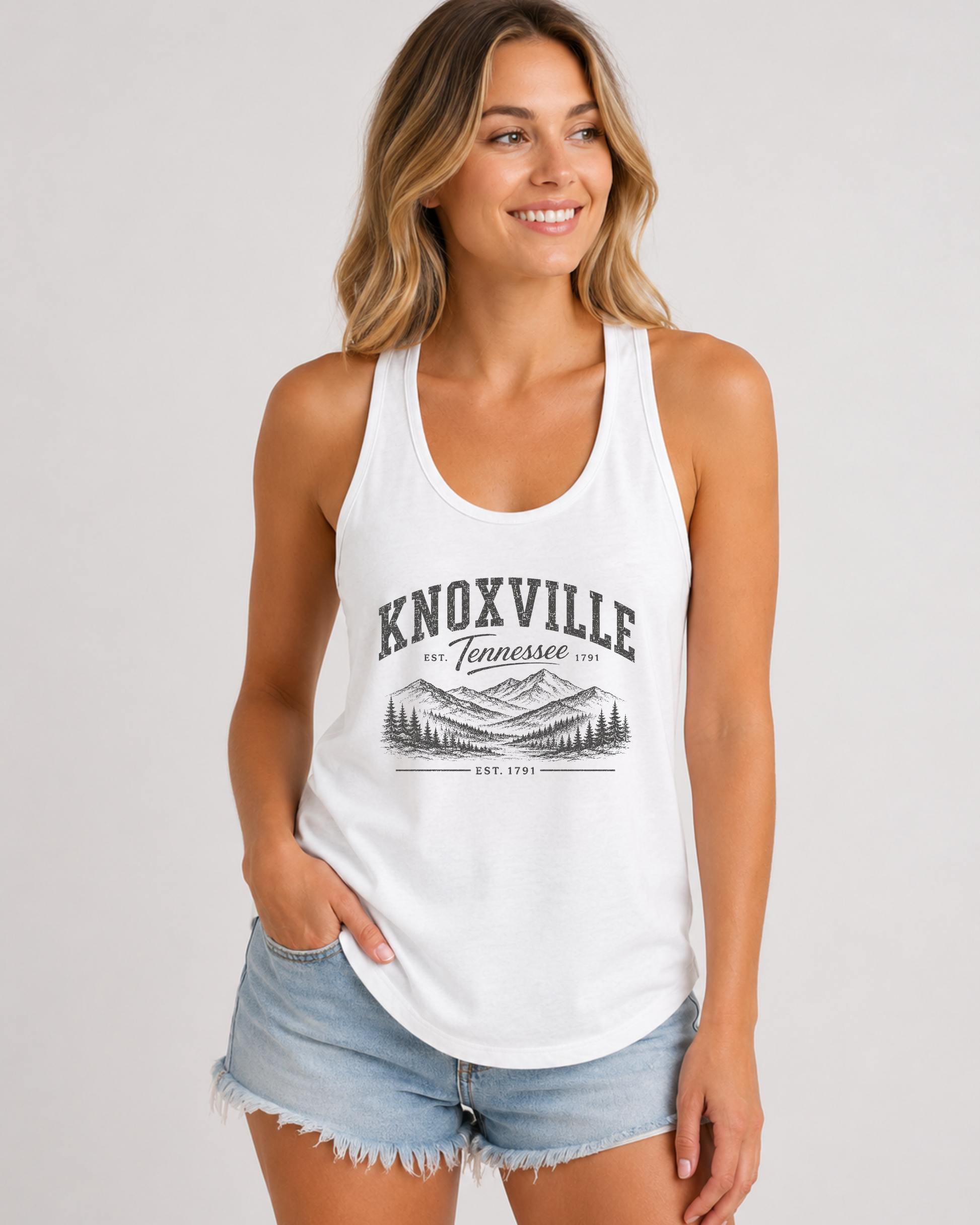 Woman wearing Knoxville Tennessee racerback tank top