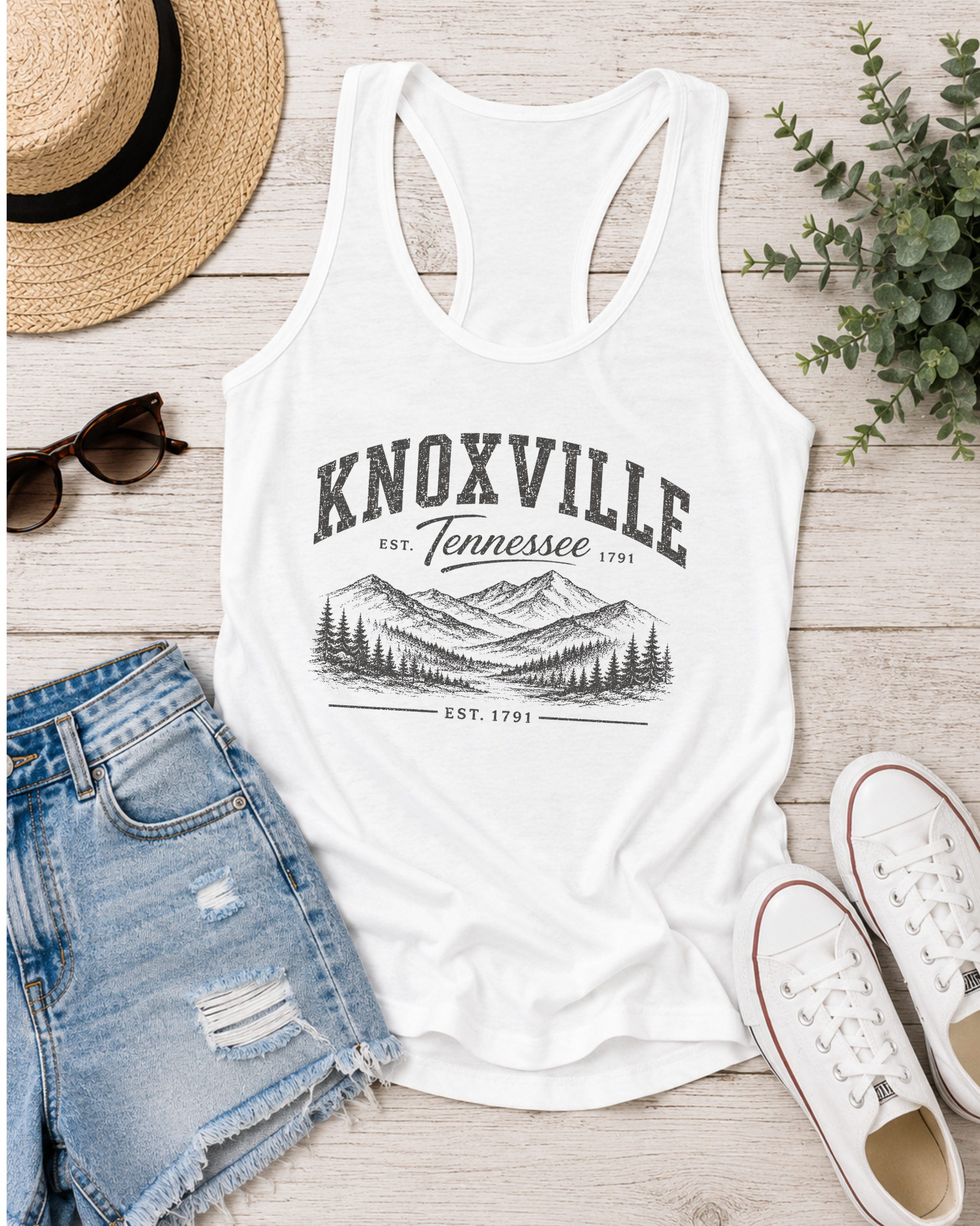 Distressed Knoxville graphic white racerback tank with denim shorts