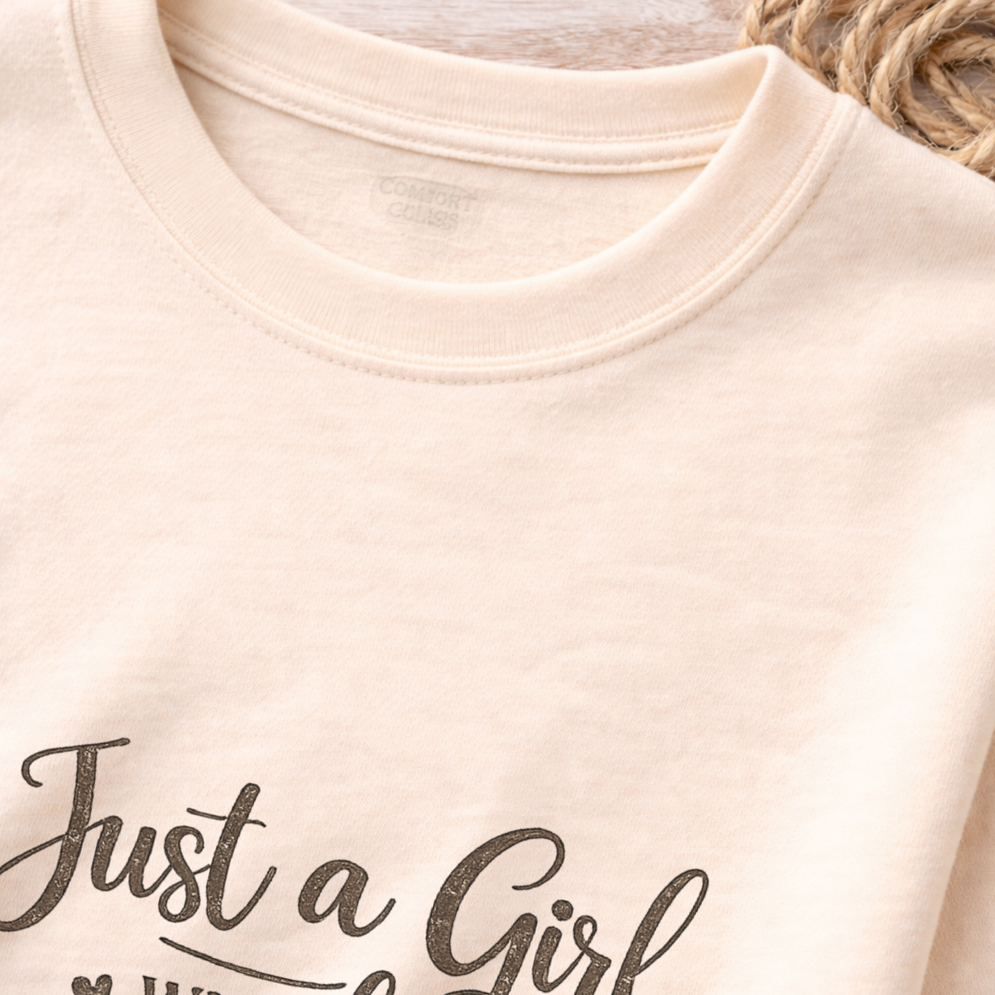 Close up of a Beige tshirt collar with 'Just a Girl' text on a neutral background