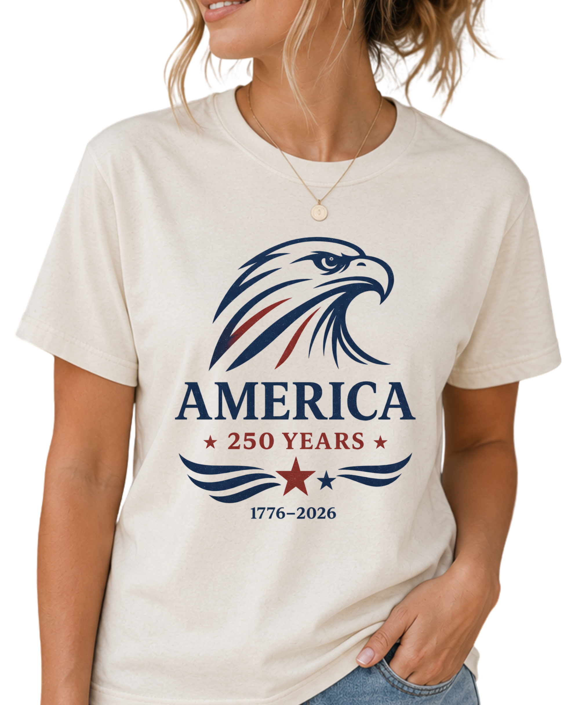 Woman wearing a vintage America 250 eagle graphic printed on a patriotic natural unisex t-shirt featuring a 1776-2026 commemorative design on a white backdrop.