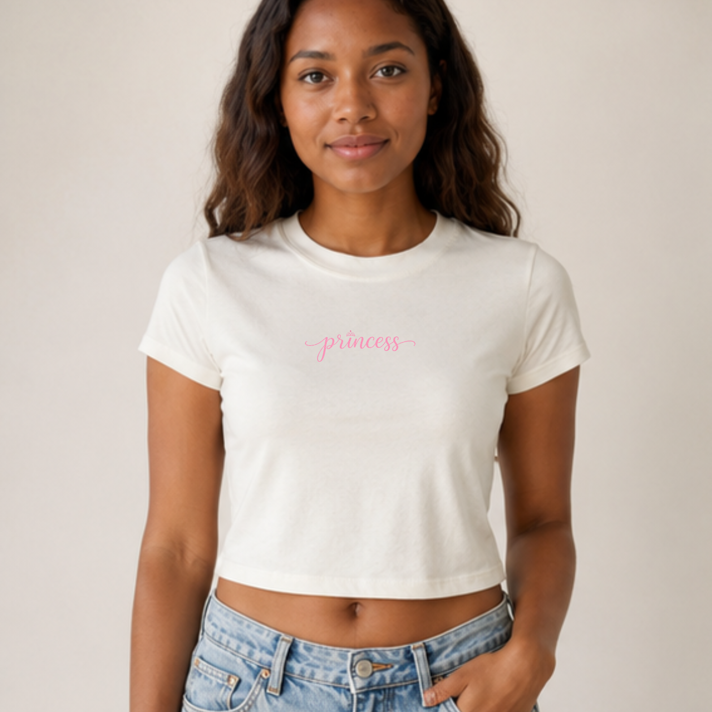 Princess Tiara Crop Tee — Pink Script Women's Baby Tee