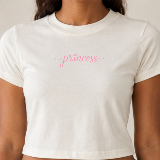 Princess Tiara Crop Tee — Pink Script Women's Baby Tee