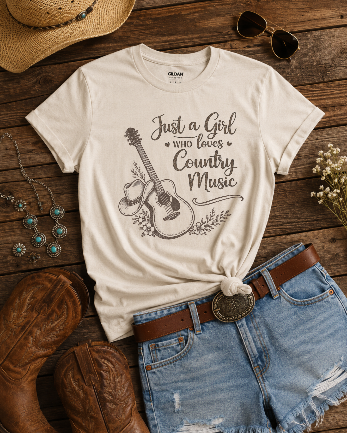 Wild Reed Apparel Just a Girl Who Loves Country Music T-Shirt mit Grafikprint | Country Music Festival Shirt