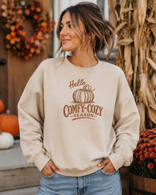Hello Comfy-Cozy Season Vintage Pumpkin Sweatshirt | Cozy Fall Crewneck | Autumn Graphic Sweatshirt