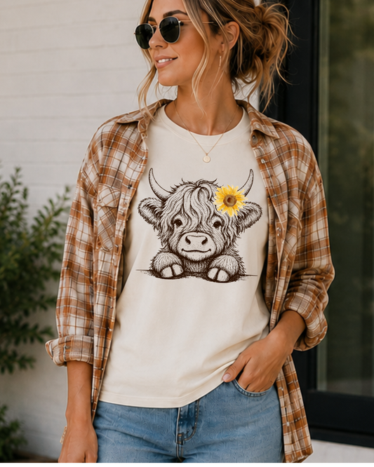 Baby Highland Cow Sunflower Graphic Tee | Cute Farmhouse Cow Shirt | Wild Reed Apparel