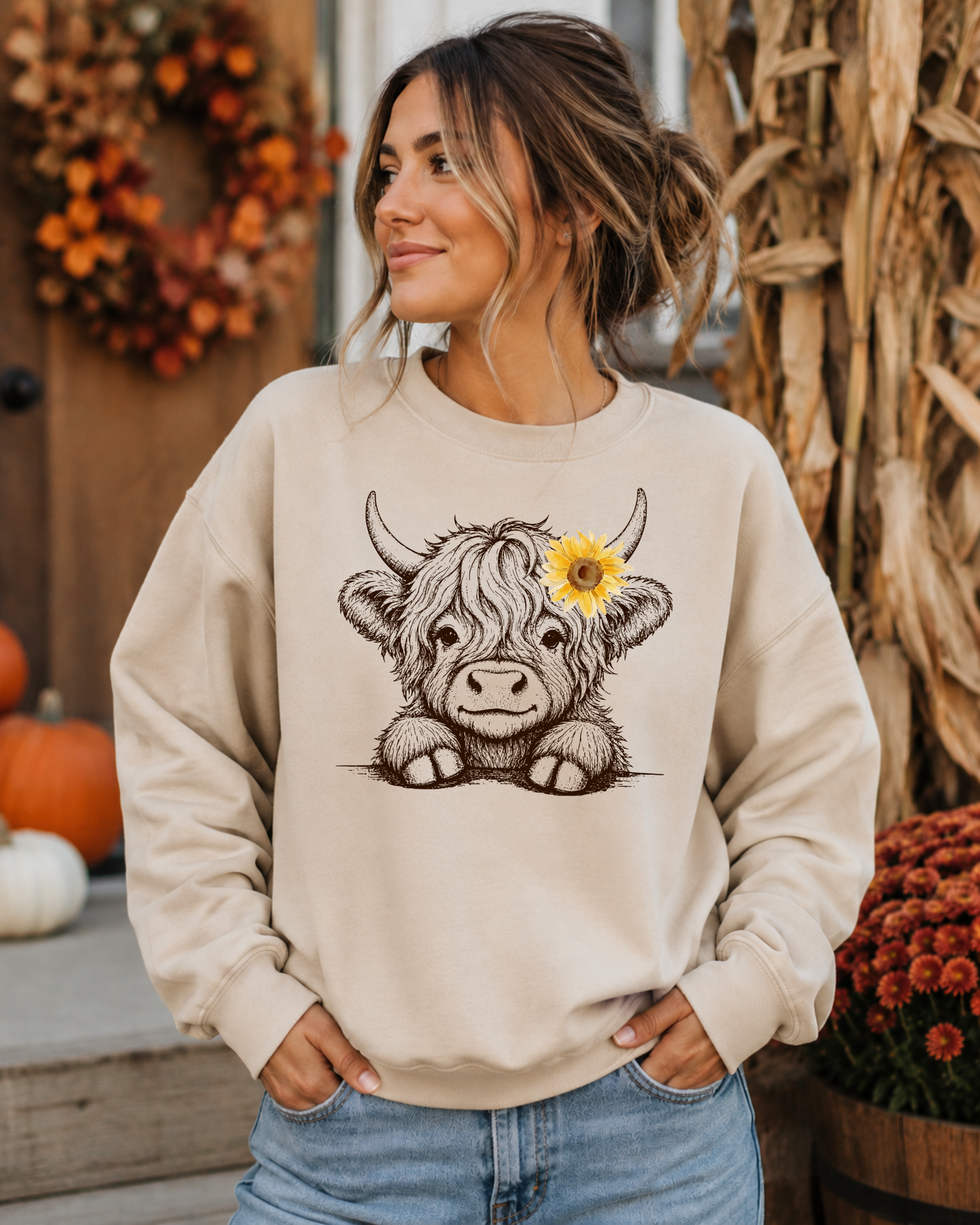 Baby Highland Cow Sunflower Sweatshirt | Cute Country Crewneck | Gildan 18000 | Wild Reed Apparel