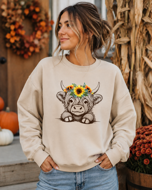 Baby Highland Cow Sunflower Crown Graphic Tee | Cute Floral Cow Shirt | Wild Reed Apparel