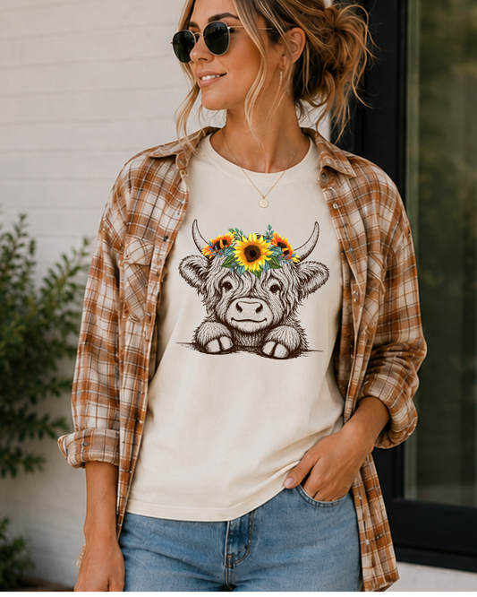 Highland Cow Sunflower Crown T-Shirt | Cute Floral Cow Graphic Tee | Farmhouse Western Shirt | Country Girl Gift