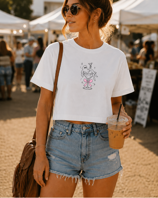 Martini Ghost Crop Tee – Cute Halloween Cocktail Graphic Shirt