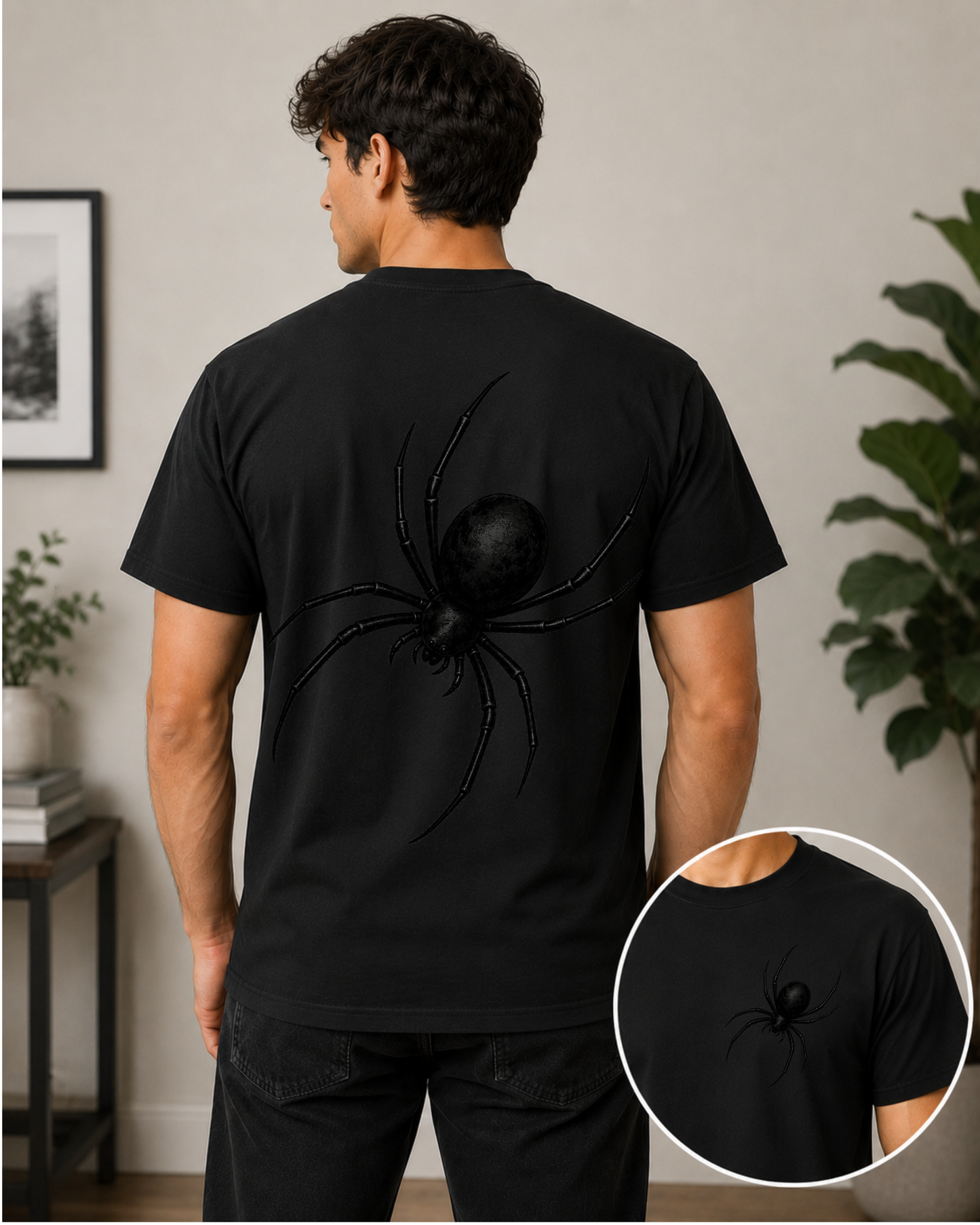 Black Stealth Spider graphic tee with a subtle black spider chest print and oversized tonal spider design on the back.