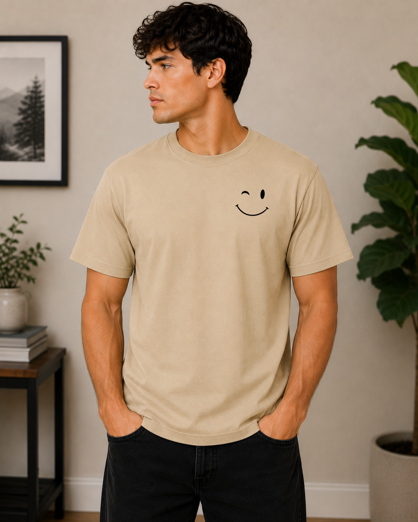 A man wearing a beige crewneck t-shirt with a small black winking smiley face graphic on the left chest, standing in a modern indoor room setting.