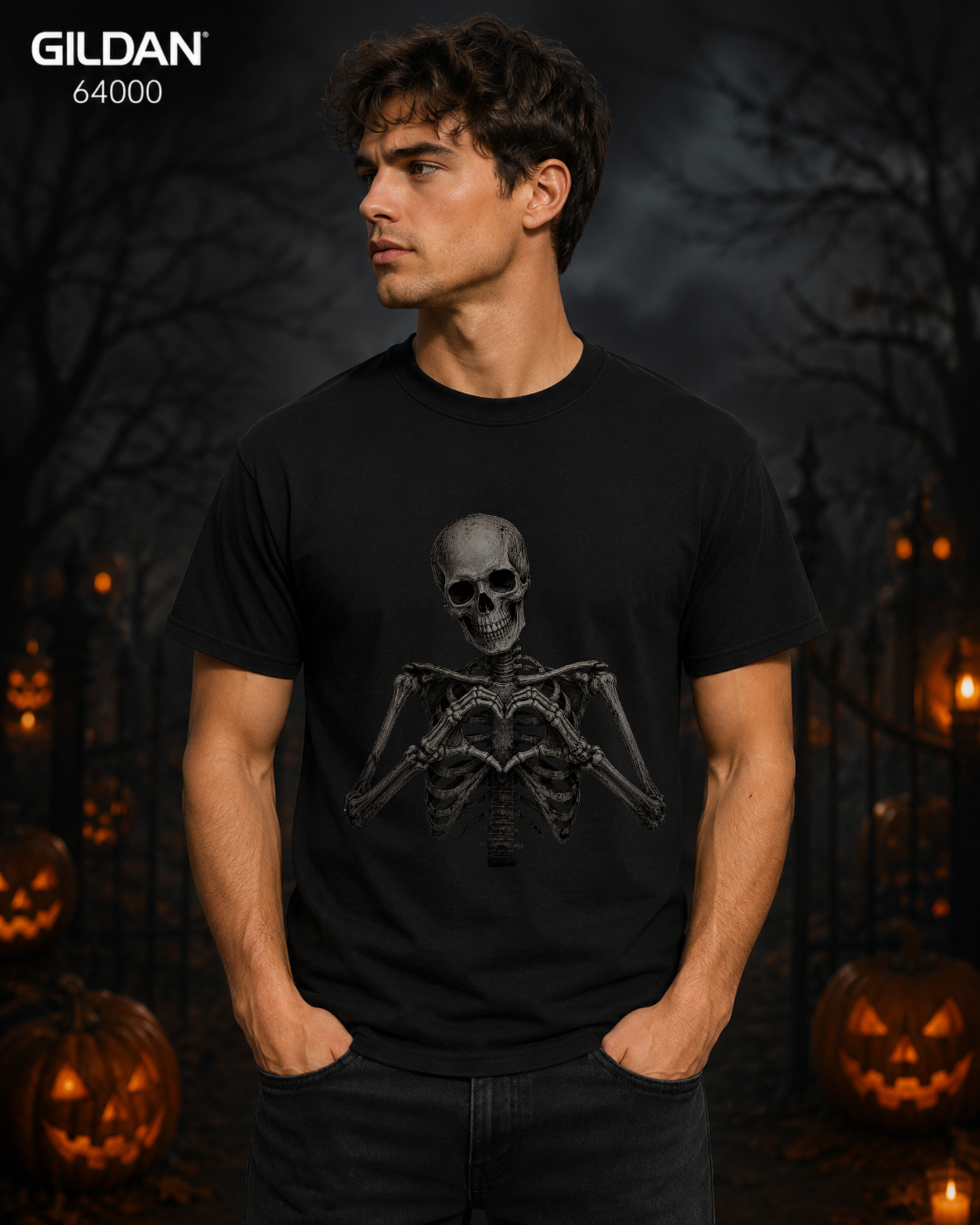 Skeleton Heart Hands Stealth Black-on-Black Graphic Tee
