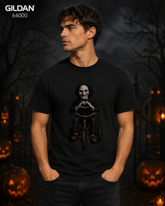 Sinister Puppet Tricycle Heart Hands Stealth Black-on-Black Graphic Tee
