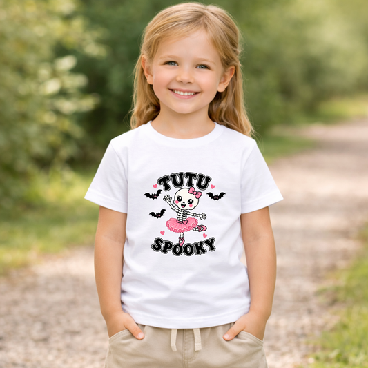 Tutu Spooky Kids Halloween T-Shirt | Cute Skeleton Ballerina Shirt | Girls Pink Halloween Tee