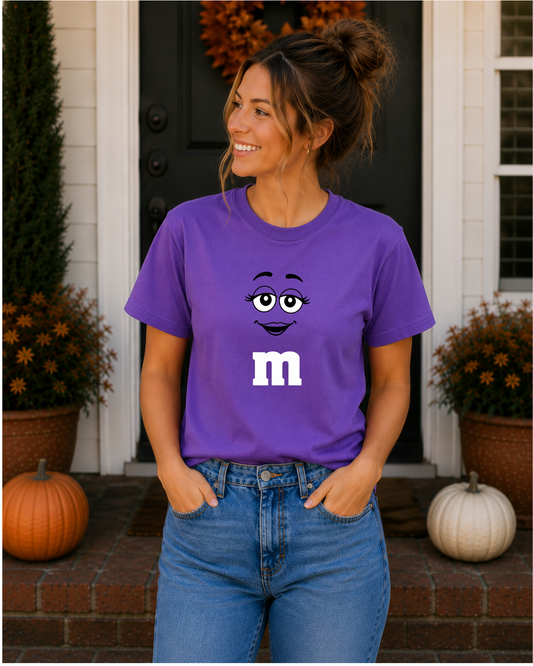 Purple Candy Character Graphic Tee | Funny Purple Candy Face Shirt | Retro Candy Lover T-Shirt