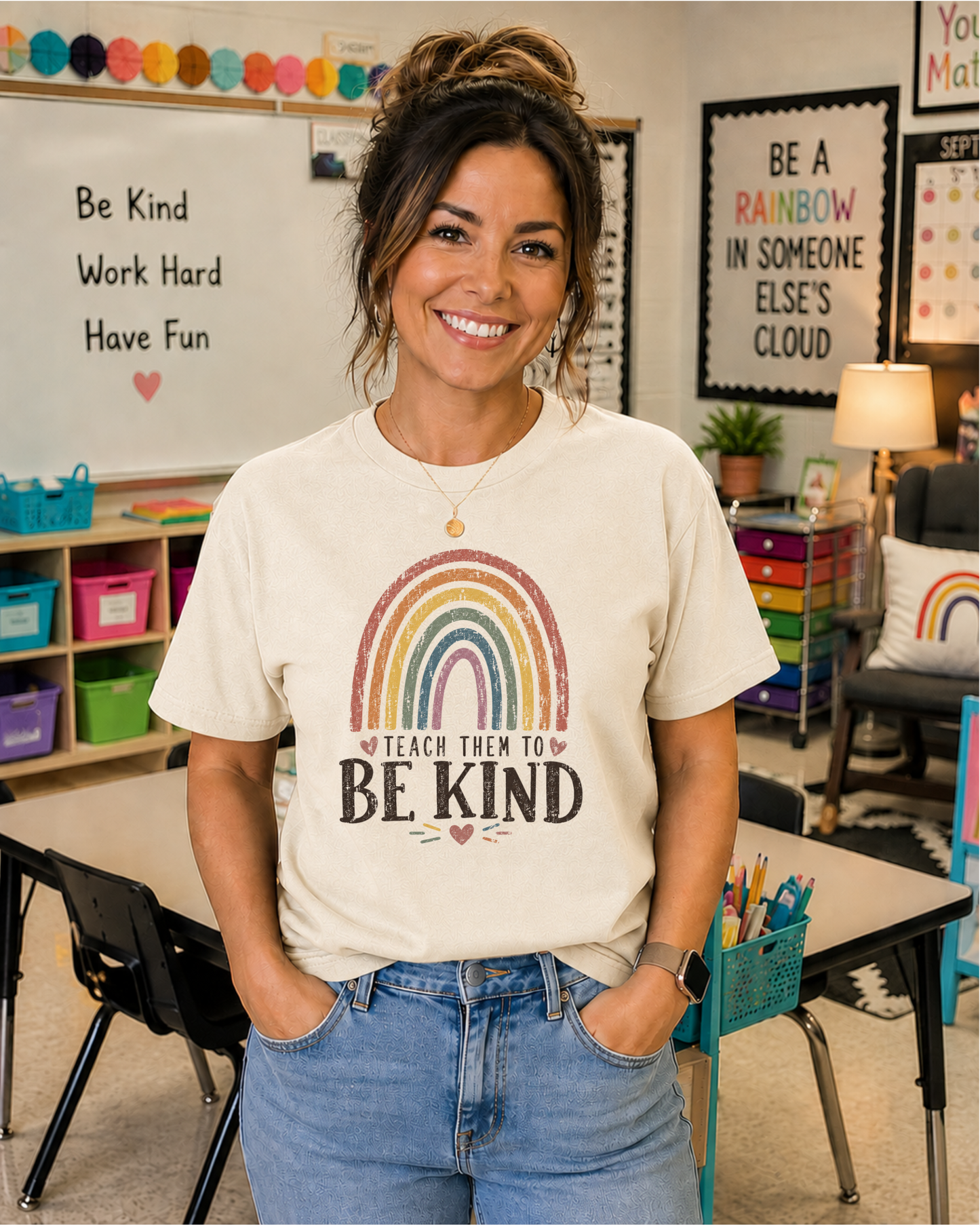 Teach Them to Be Kind Teacher Shirt | Rainbow Teacher Tee | Inspirational Back to School Graphic T-Shirt