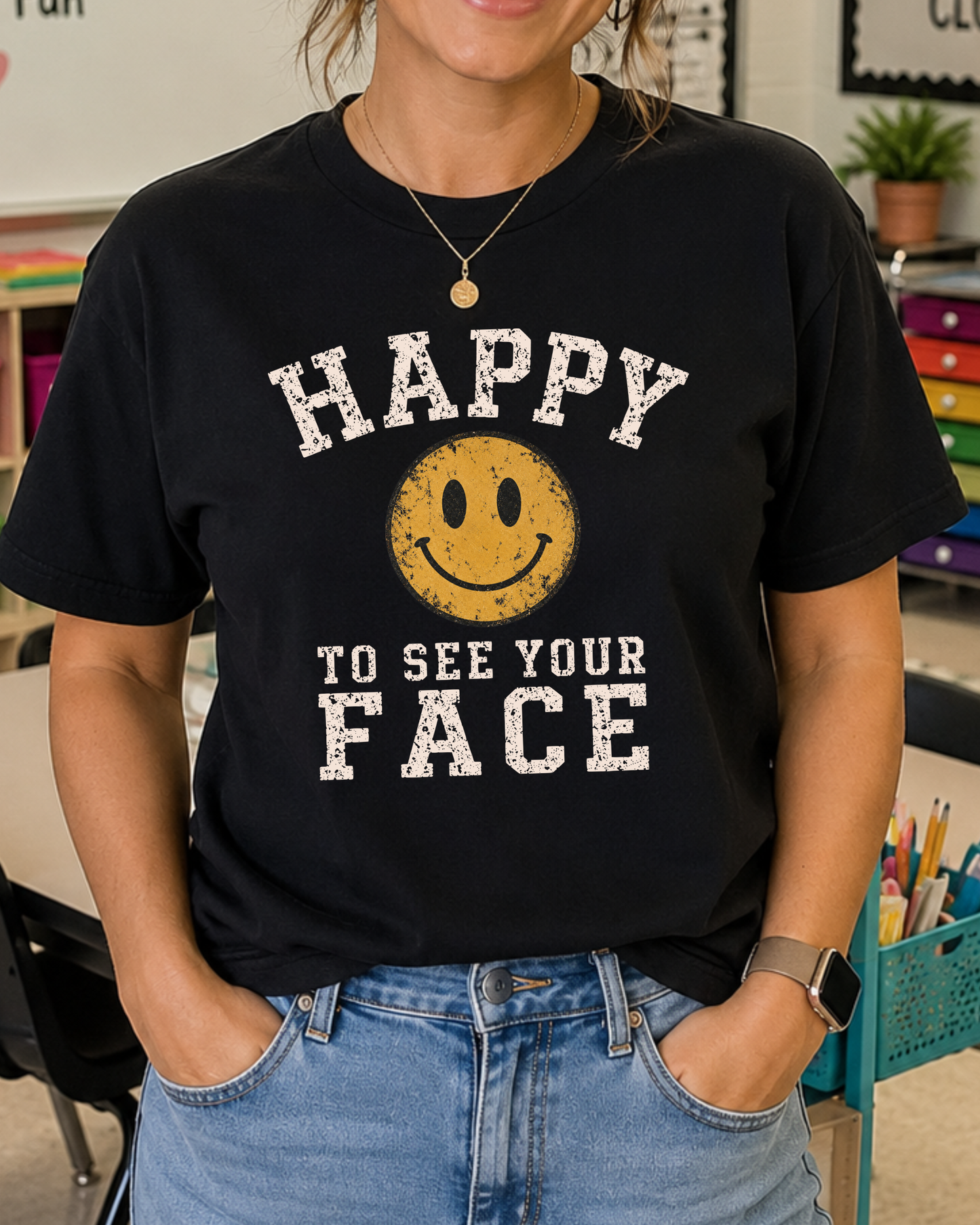 Happy to See Your Face Teacher Shirt | Back to School Tee | Retro Smiley Graphic T-Shirt