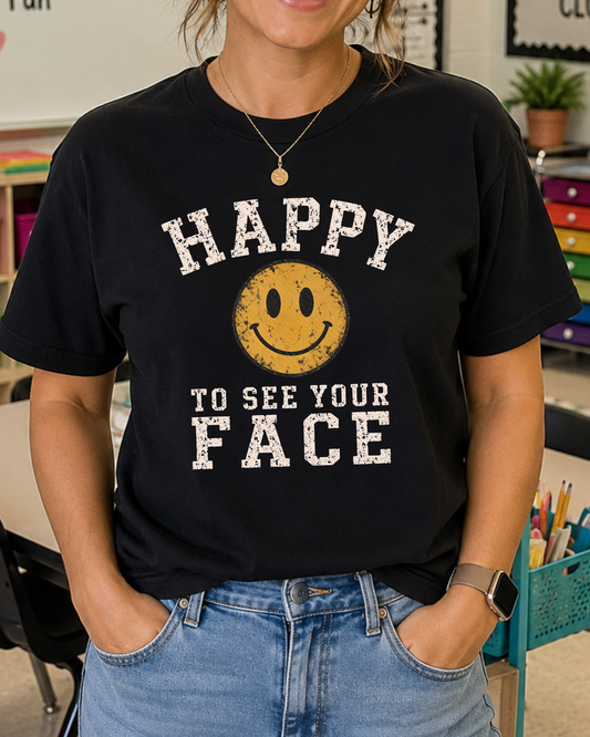 Happy to See Your Face Teacher Shirt | Back to School Tee | Retro Smiley Graphic T-Shirt