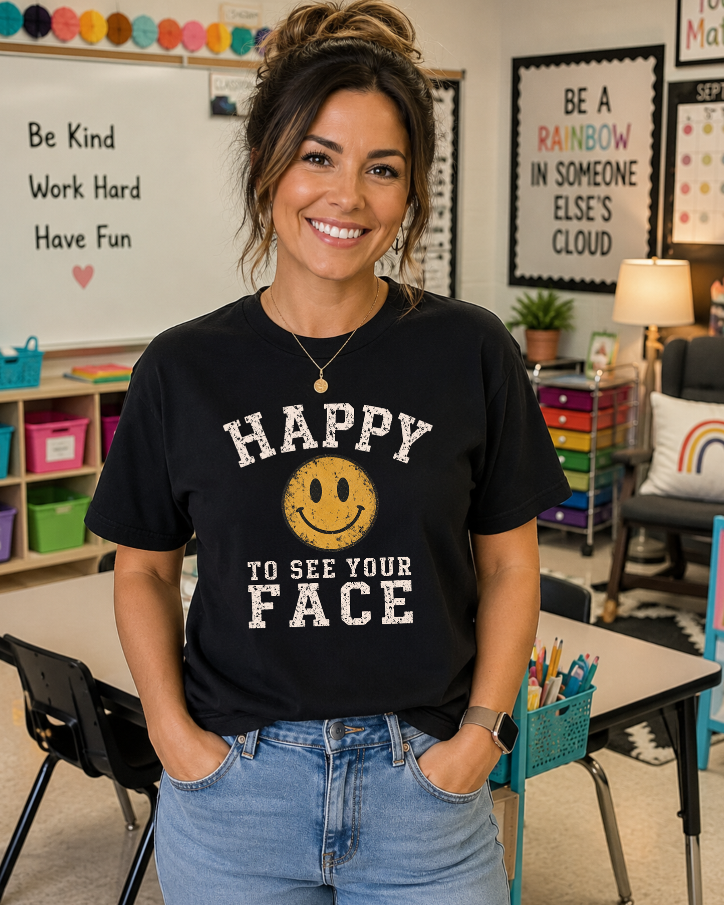 Happy to See Your Face Teacher Shirt | Back to School Tee | Retro Smiley Graphic T-Shirt