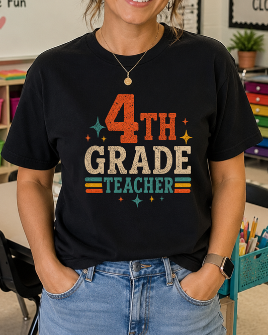 4th Grade Teacher Shirt | Back to School Teacher Tee | Retro Grade Level Graphic T-Shirt