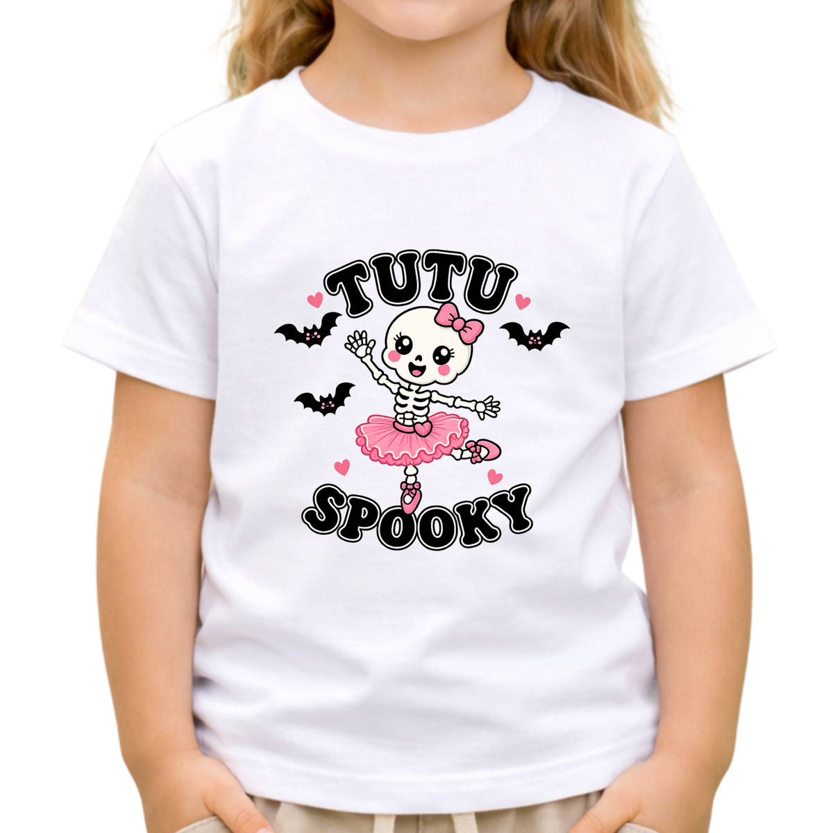 Tutu Spooky Kids Halloween T-Shirt | Cute Skeleton Ballerina Shirt | Girls Pink Halloween Tee