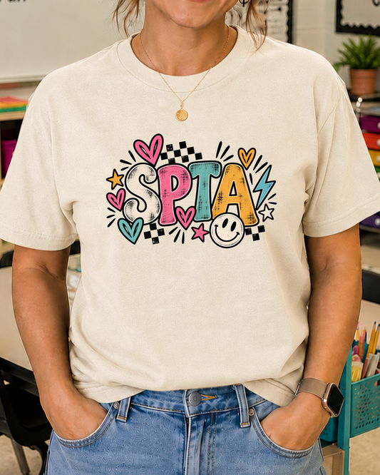 SPTA Retro Checkerboard Graphic Tee | School Support Staff Shirt