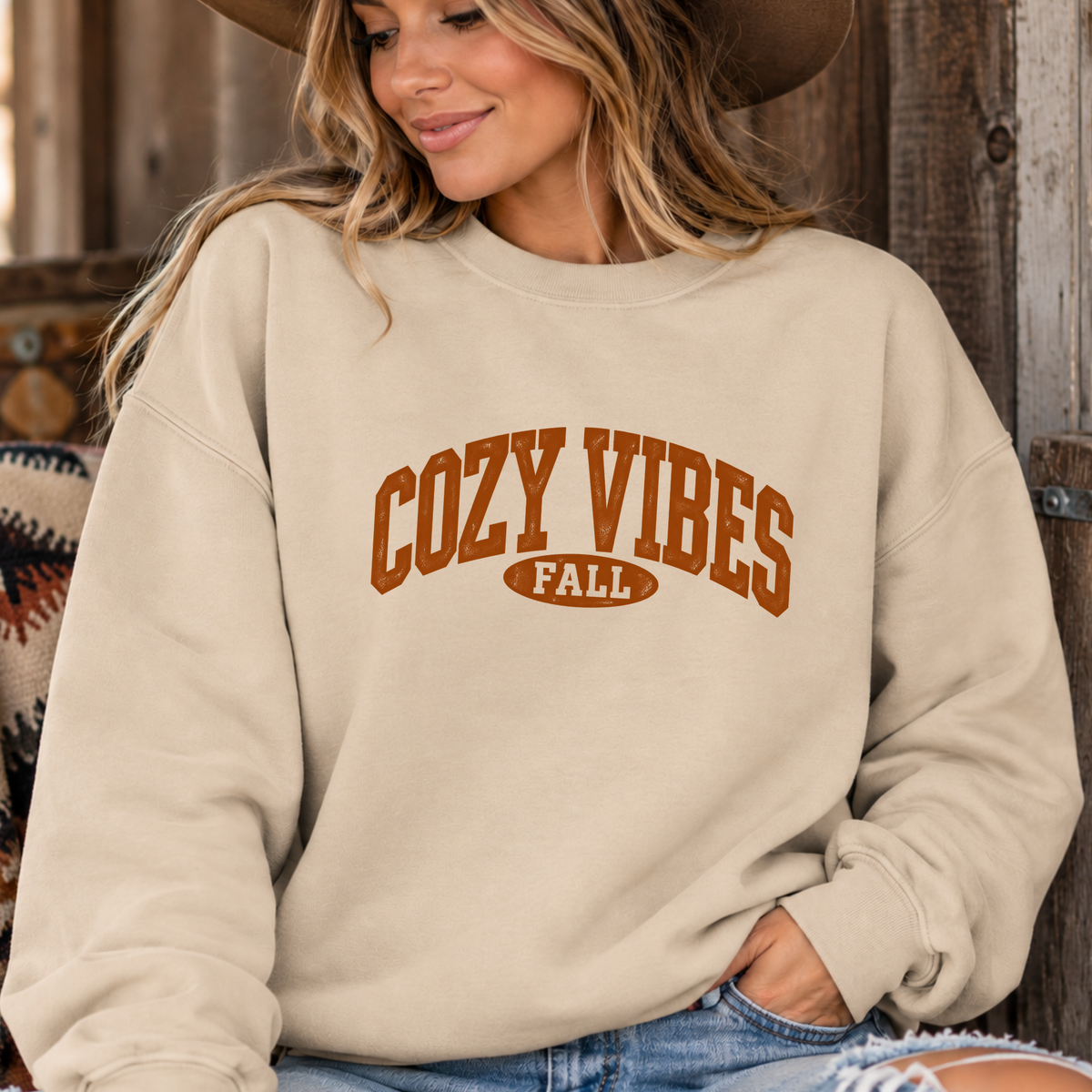 Cozy Vibes Fall Crewneck Sweatshirt | Vintage Collegiate Autumn Graphic
