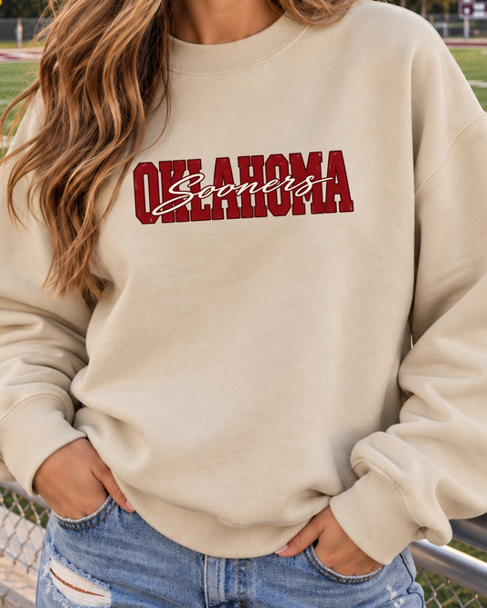 Oklahoma Vintage Collegiate Crewneck Sweatshirt | Crimson Game Day Pullover